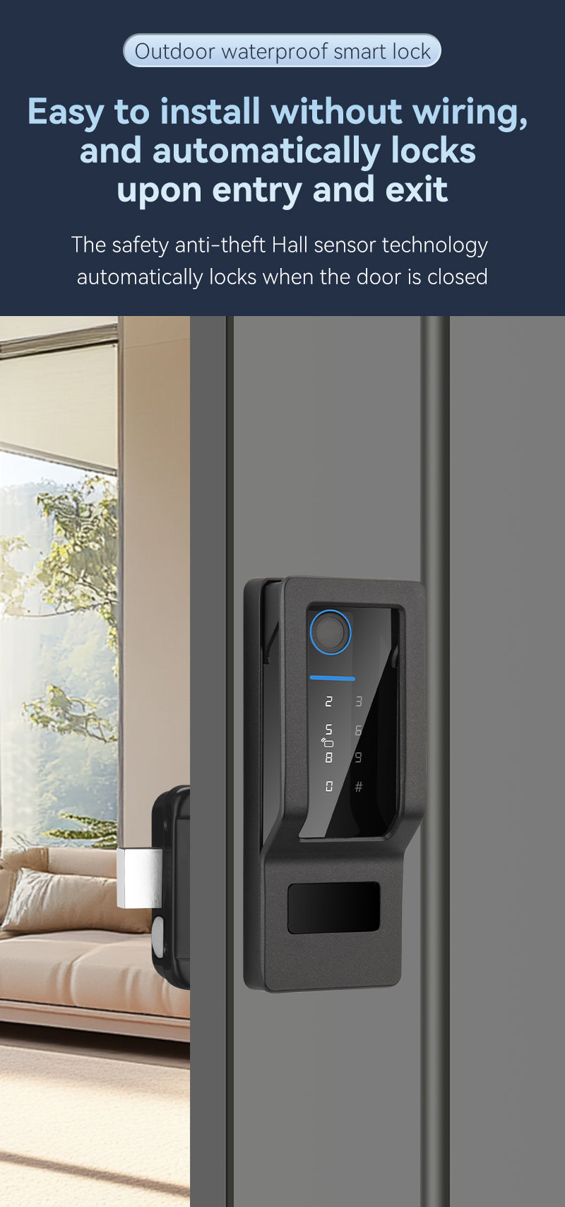 B1 Outdoor waterproof smart lock Easy to install without wiring, and automatically locks upon entry and exit The safety anti-theft Hall sensor technology automatically locks when the door is closed