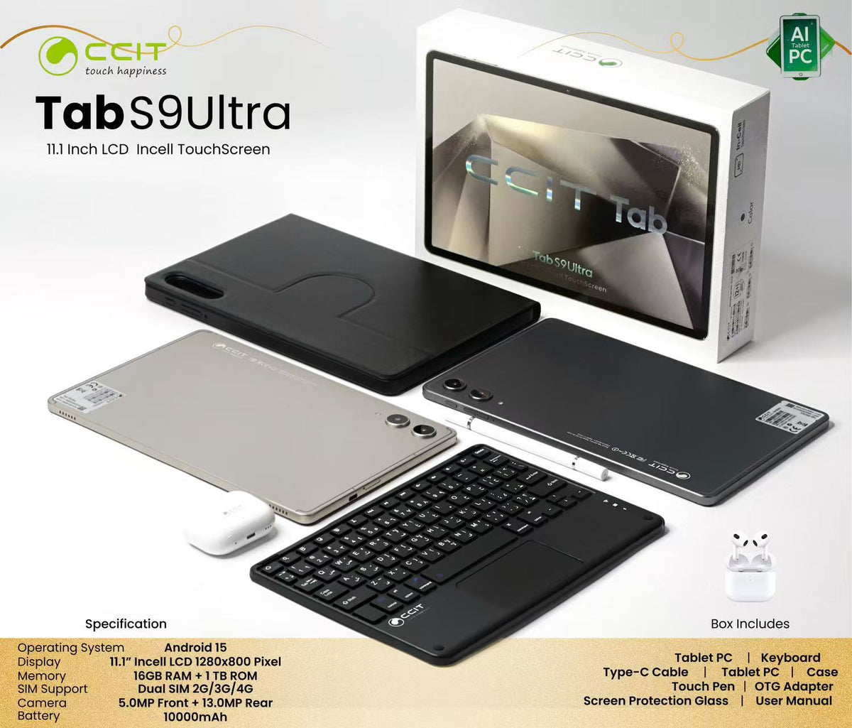 CCIT Tablet TabS9 Ultra 10.1”Screen RAM:16GB ROM:1TB OS: Android 15.0 WI-FI BT GPS High capacity:10000mAh Camera:Front5MP &nbsp;Rear13MP
