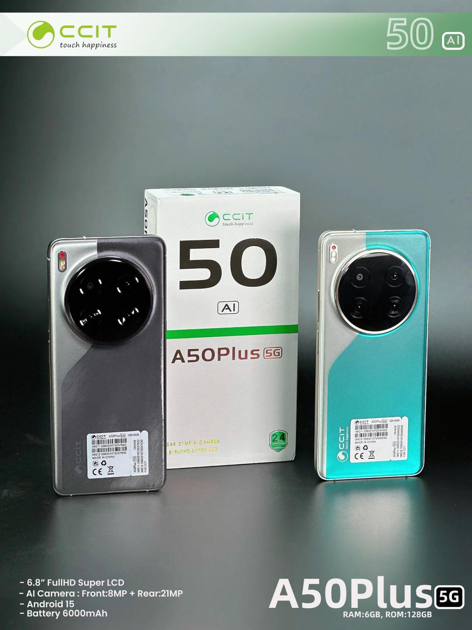 CCIT A50PLUS Smart Phone  6.8" FullHD Super LCD Al Camera: Front:8MP +Rear:21MP Android 15 Battery 6000mAh,RAM:6GB,R0M:128GB