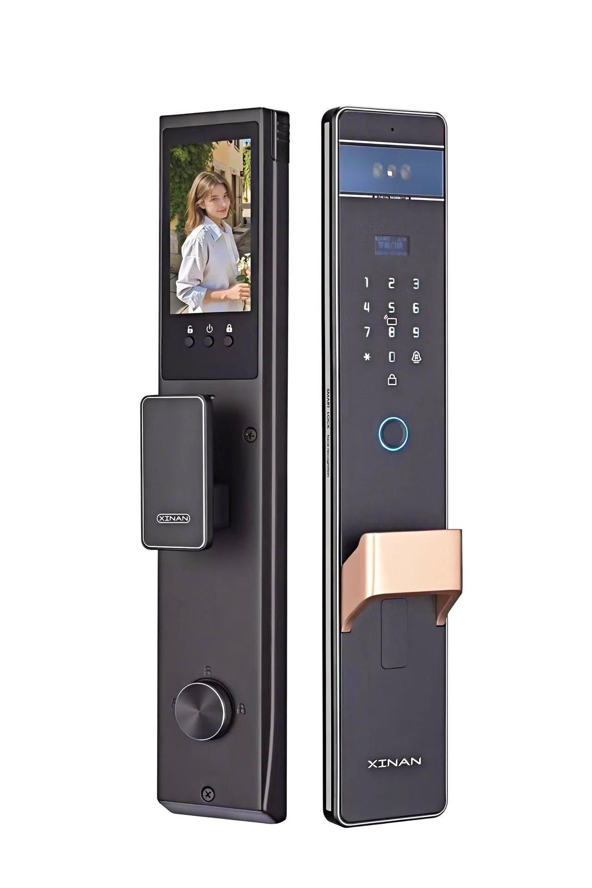 H01 Face recognition module, indoor display screen, display screen, function key one-click lock/unlock, password card reading area, card reading area, doorbell, quick open handle, reverse lock knob, frosted gold finish