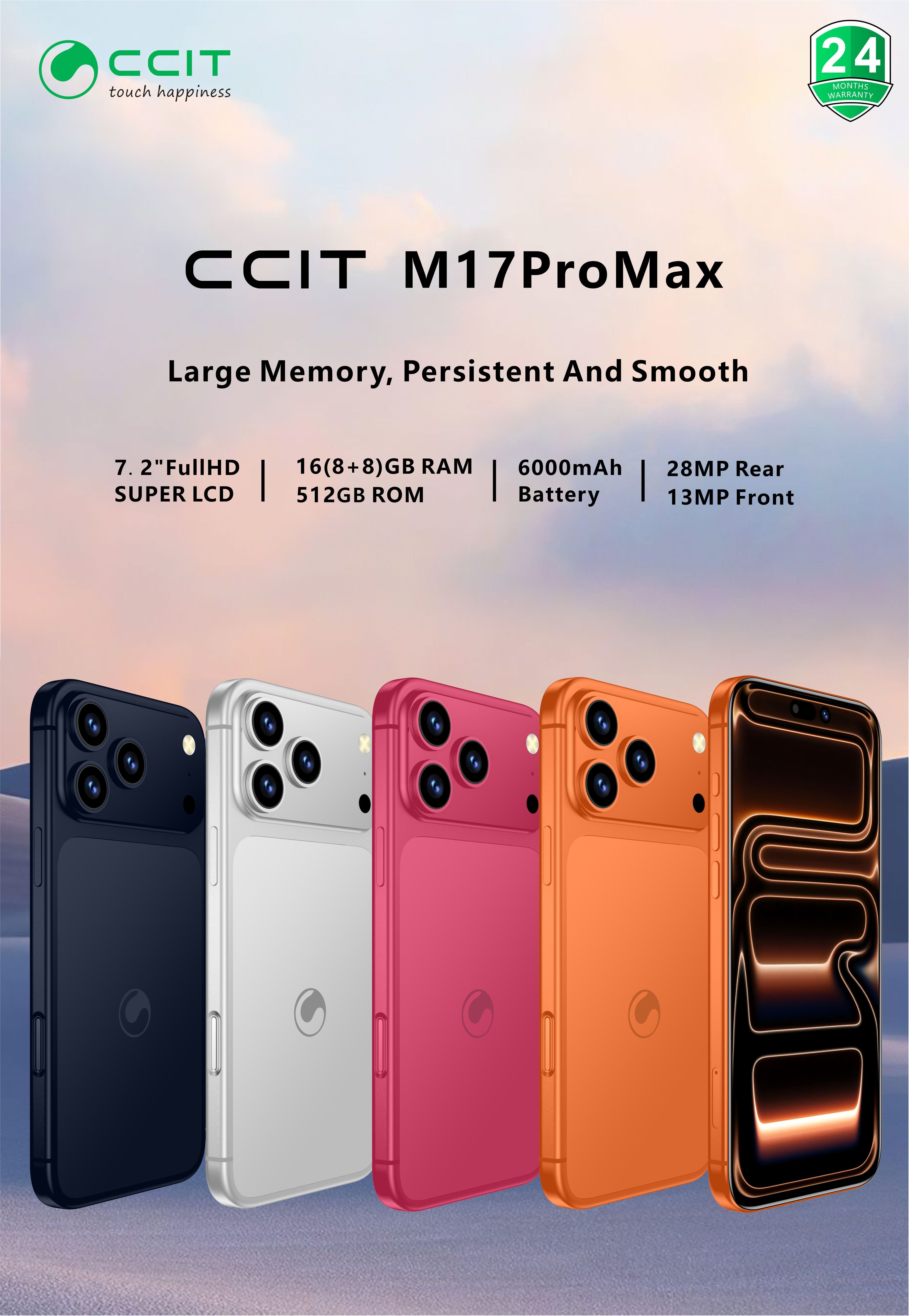 CCIT M17PROMAX  Display: 7.2"FullHD SUPER LCD Operating System: Android 15 Al Camera: Front 13MP Rear Connectivity: GPS/WIFI/BT Memory: 16GB (8+8) +512GB Unlock: Side fingerprint Battery capacity:6000mAh