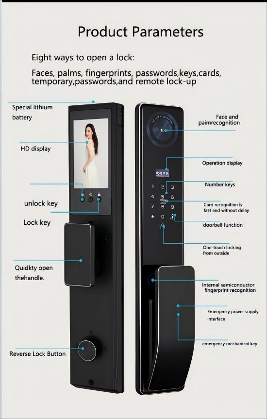 H06 Product Parameters Eight ways to open a lock: Faces, palms, fingerprints, passwords,keys,cards, temporary,passwords,and remote lock-up